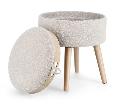 Hocker Yozosa aus Bouclè-Stoff, modern mit Stauraum und Tablett, hellgrau, rund, von