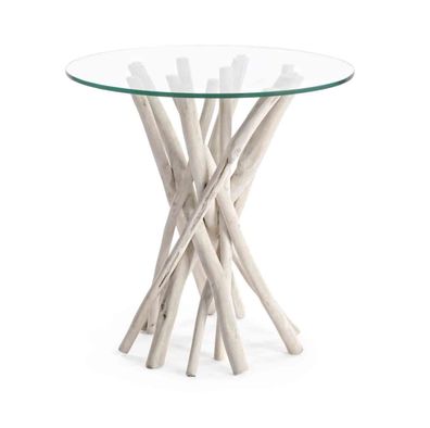 Couchtisch Hesal rund aus Teakholz und Glas, skandinavisches Design, weiß, Ø 40 cm