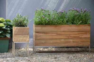 Pflanzenbehälter Teakholz und Edelstahl, modern, natur, für Outdoor, 100x25x53 cm