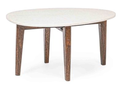 Beistelltisch Estvler aus Marmor, klassischer Stil, weiß, oval, Gestell Mangoholz nat