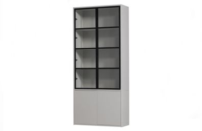 Vitrine Basic aus Kiefernholz, modern, 4 Türen mit Glas, hellgrau, push-to-open, soft