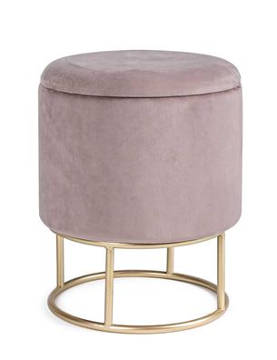 Hocker Anilopa in Samt-Optik, moderner Stauraumhocker, Rosa, rund mit goldfarbenem Mi