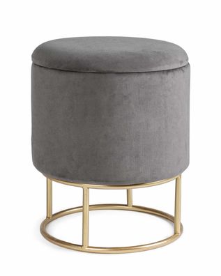 Hocker Anilopa in Samt-Optik, moderner Stil, Grau, mit Stauraum und goldfarbenem Gest