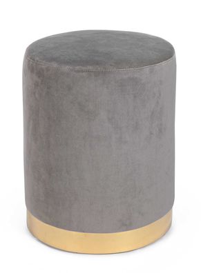 Pouf Allicula aus Samt, modern und rund, grau mit goldfarbenem Gestell, weich gepolst