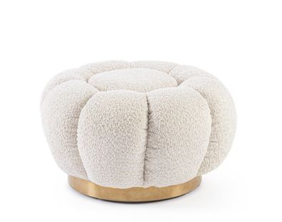 Pouf Leforo aus Boucle-Stoff, modern und rund, Natur, gepolstert, goldener Mittelfuß