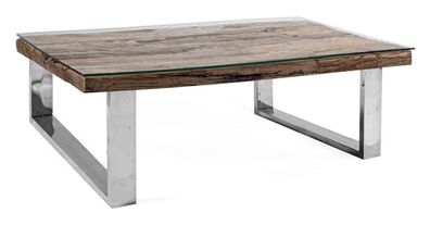 Couchtisch Tonsto aus recyceltem Holz mit Glasplatte, modern, quadratisch, Natur, 100