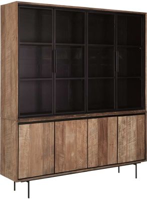 Vitrine Metropole aus Teak und Metall, Industrial Design, natur und schwarz, 4 Türen