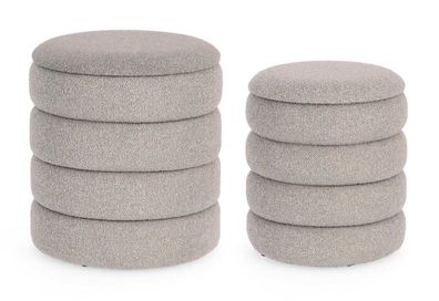 Pouf Anikater 2er-Set aus Boucle-Stoff, rundes Design mit Stauraum, hellgrau, weich g