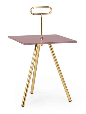 Beistelltisch Shenila aus Metall mit Glasplatte, modern, rosa quadratisch, drei Beine
