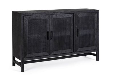 Sideboard Stonwar aus Mangoholz, modernes Design mit Rattan-Türen, schwarz, 125 cm, m