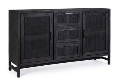 Sideboard Stonwar aus Mangoholz, modern massiv, Rattan-Details, Schwarz, 150 cm breit