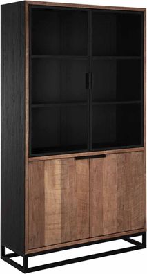 Vitrinenschrank Cosmo Teak Massivholz, Industrial Design, natur, 2 Klapptüren, Metall