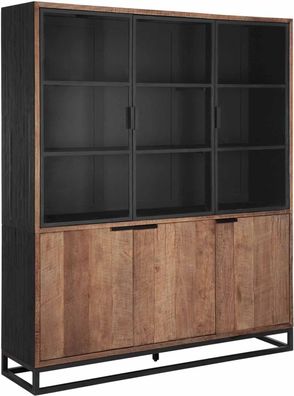 Vitrinenschrank Cosmo aus Teak, Industrial Design, natur, Metallgestell in Schwarz, 3
