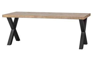 Esstisch Tablo aus Mangoholz mit Fischgrätenmuster, modernes Design, X-Gestell, natur