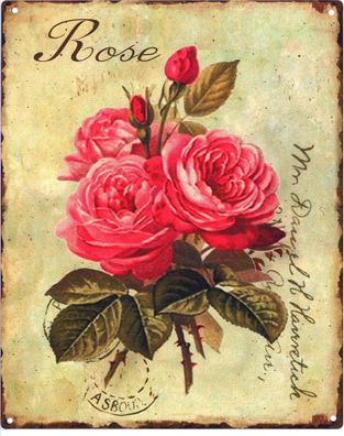 Deko Blechschild Rose Rosenstrauß 20 x 25 Vintage-Design Metall Schild