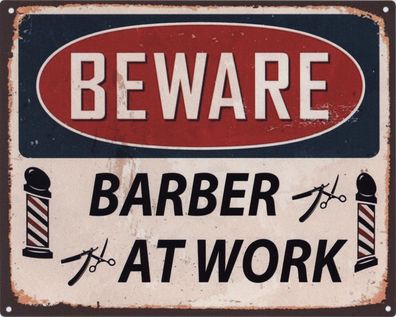 Moritz Blechschild Beware Barber at work 20 x 25 cm Retro Vintage Tin sign