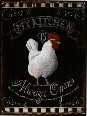 Moritz Blechschild Kitchen Always Open Huhn 25 x 33 cm Retro Vintage Wand