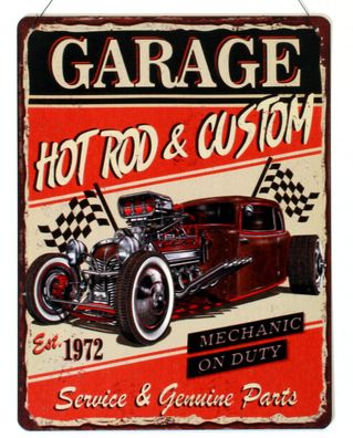 Blechschild Garage Hot Rod & Custom Service and Genuine Parts Mechaniker 25 x 33