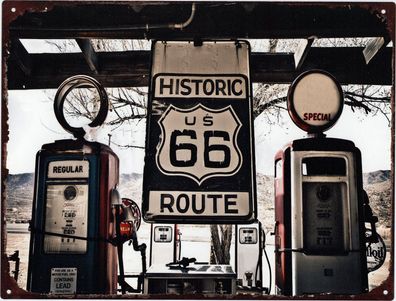 Moritz Blechschild Historic Route 66 Zapfsäulen 25 x 33 cm Retro Vintage Wand