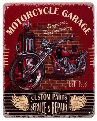 Blechschild Motorcycle Garage Custom Parts Service & Repair Deko Schild 20 x 25