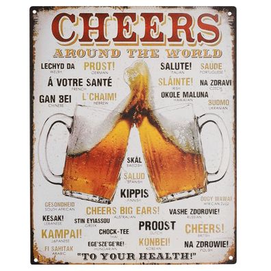 Blechschild 20 x 25 cm Cheers Around The World Trinksprüche Retro Vintage Wand