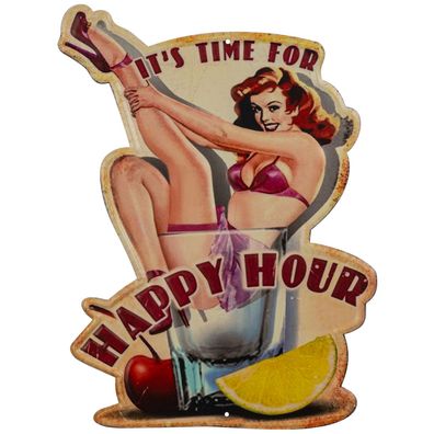Blechschild 32 x 45 cm Happy Hour Drinks Cocktail Bar Lady Retro Vintage Wand