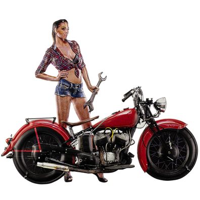 Blechschild 59 x 50 cm Biker Frau Mechanikerin Rockabilly Motorrad Retro Vintage