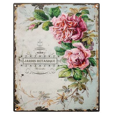 Blechschild Rose Jardin Botanique Botanik Deko Schild mit Aufschrift 20 x 25