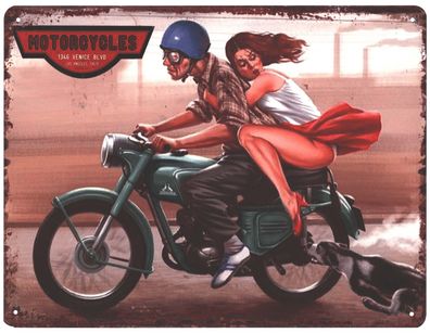 Blechschild Motorcykles Frau und Mann auf Motorad Deko Schild Aufschrift 25 x 33