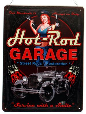 Blechschild Hot Rod Garage "Service with a Smile" 25 x 33 Deko Schild Aufschrift