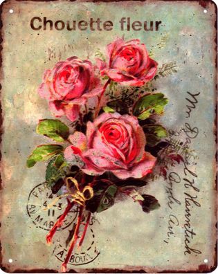 Blechschild Chouette fleur Rosen Deko Schild Aufschrift Dekoration Druck 20 x 25