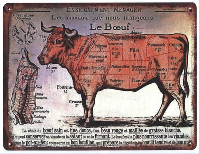 Blechschild Le Boeuf Fleischstücke vom Rind Deko Schild Aufschrift Druck 25 x 33