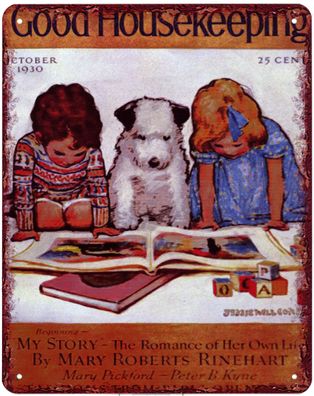 Blechschild Good Housekeeping Kinder mit Hund Deko Schild Aufschrift 20 x 25