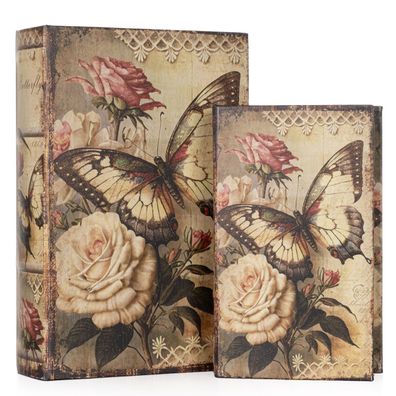 Buchhüllen Set „Schmetterling & Rosen“ - 2-teilig - Vintage Buchbox Geheimversteck