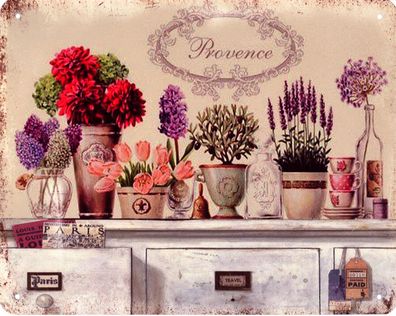 Blechschild Provence bunte Blumen Töpfe Deko Schild Aufschrift Aufdruck 20 x 25