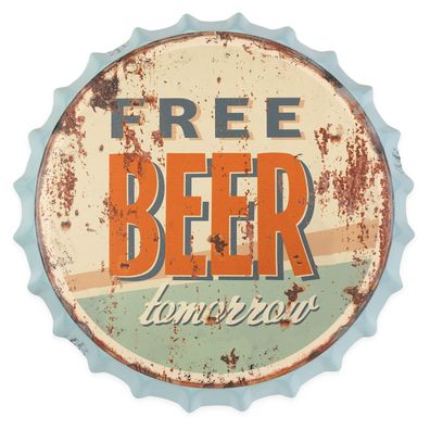 Blechschild Kronkorken Free Beer tomorrow Deko Schild mit Druck Aufdruck 33 x 33