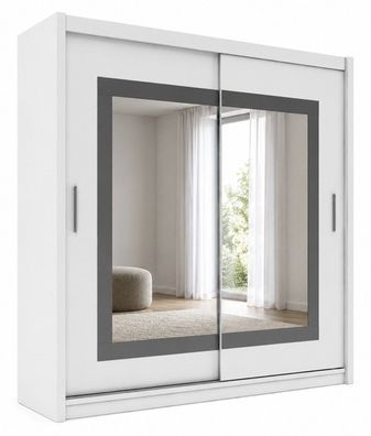 Preston Kleiderschrank 203 / 250 cm, Schiebetürenschrank, Weiß, Spiegel