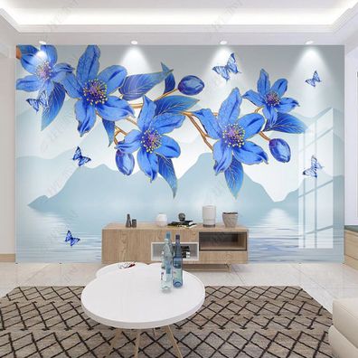 Vlies Fototapete Tuschmalerei Blumen Vögel Blaues Wandbild Wohnzimmer 10682
