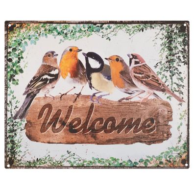 Blechschild 25 x 20 cm Welcome Schild Vögel Retro Vintage Tin sign Wand Deko