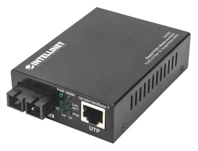 Intellinet Gigabit PoE+ Medienkonverter, 1000Base-T RJ45-Port auf 1000Base-LX (SC) Si