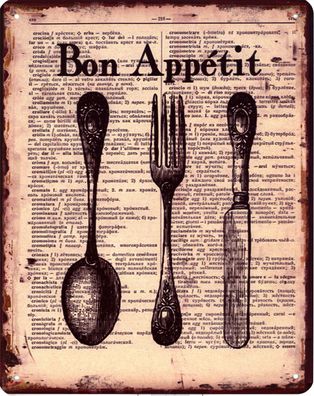 Blechschild Bon Appétit Deko Schild Aufschrift Besteck Dekoration Druck 20x25