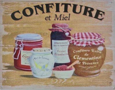 Blechschild Confiture et Miel Konfitüre Deko Schild Aufschrift Aufdruck 20 x 25