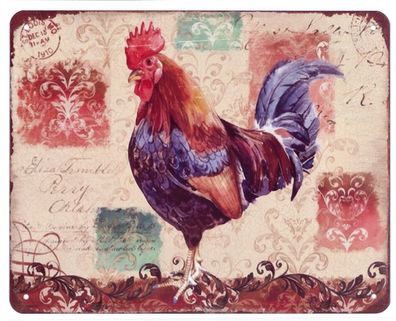 Blechschild Bunter Hahn Huhn Deko Schild mit Aufschrift Aufdruck 20 x 25