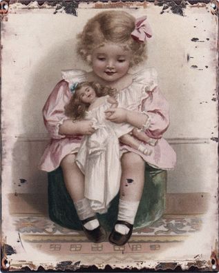 Moritz Blechschild Kind mir alter Puppe 20 x 25 cm Retro Vintage Tin sign Wand