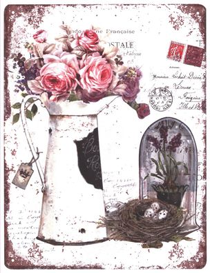 Blechschild Rosen in Gießkanne Deko Schild Aufschrift Dekorations Druck 25 x 33