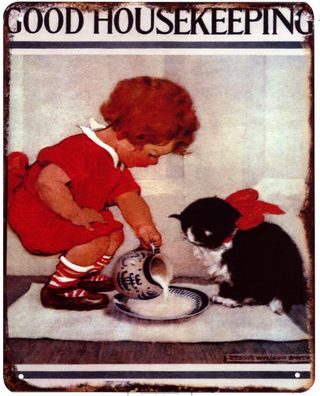 Blechschild Good Housekeeping Kind und Katze Deko Schild Aufschrift 20 x 25