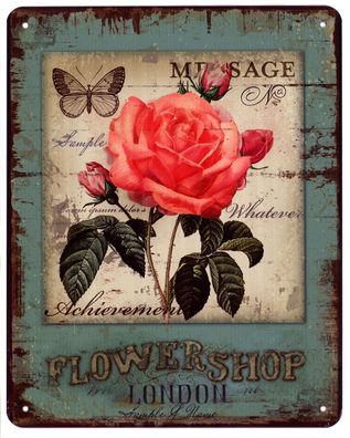 Blechschild Flowershop London Rosa Rose Deko Schild mit Aufschrift 20 x 25