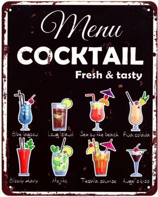 Blechschild Menu Cocktail Fresh & tasty Deko Schild Aufschrift Aufdruck 20 x 25