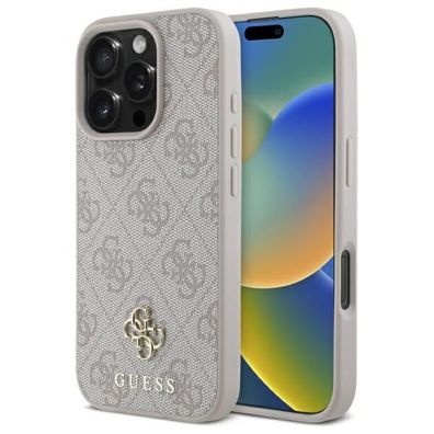 Hülle iPhone 16 Pro Max Guess Kunstleder rosa Logo goldfarbig MagSafe kompatibel