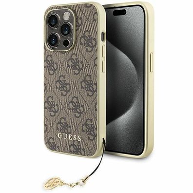 Handyhülle Case iPhone 16 Pro Guess Kunstleder braun mit Kette goldfarbig